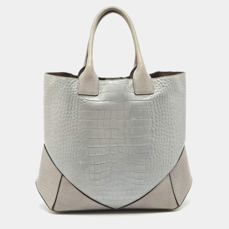 Pre Owned Givenchy Two Tone Grey Croc Embossed Leather Easy Tote
