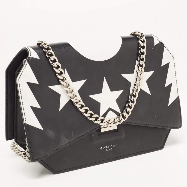 Pre Owned Givenchy Black/White Leather Star Bow Cut Flap Crossbody Bag