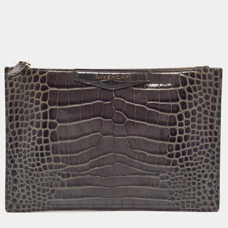 Pre Owned Givenchy Grey Croc Embossed Leather Medium Antigona Pouch
