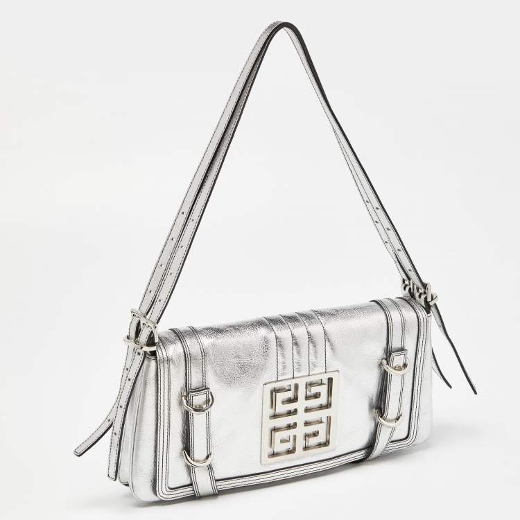 Pre Owned Givenchy Silver Leather Logo Shoulder Bag