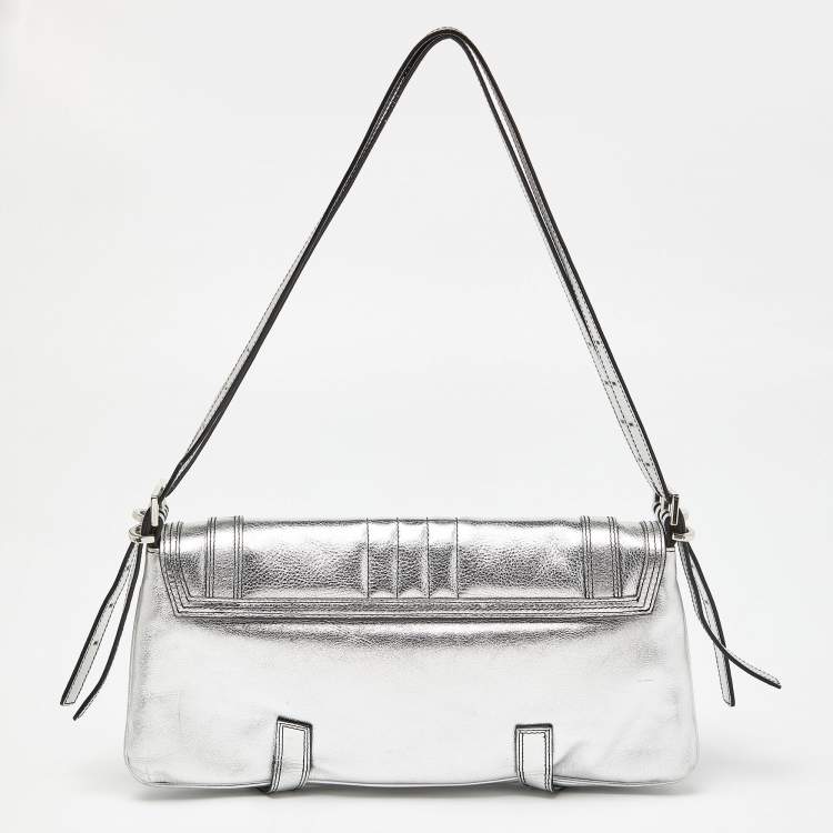 Pre Owned Givenchy Silver Leather Logo Shoulder Bag