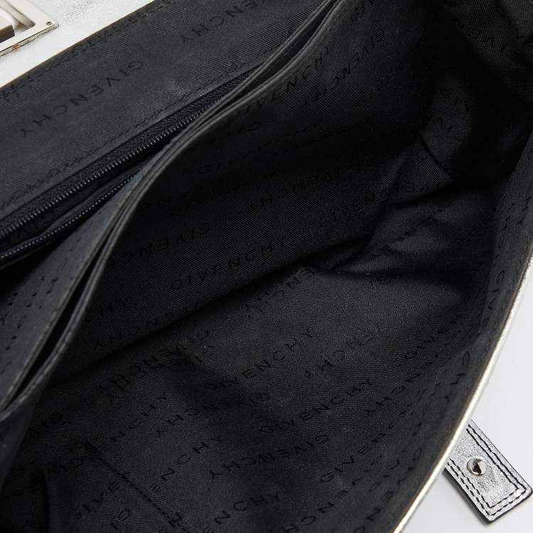 Pre Owned Givenchy Silver Leather Logo Shoulder Bag