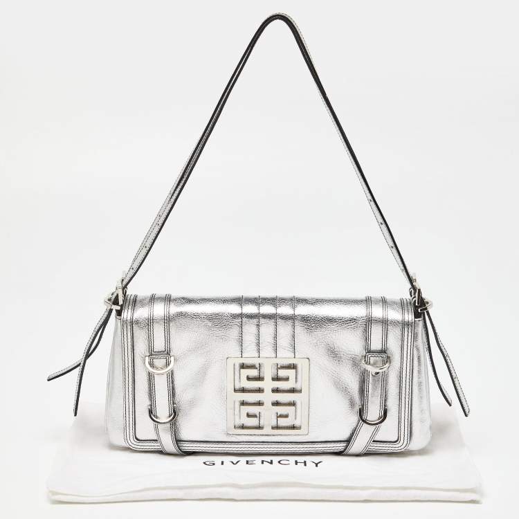 Pre Owned Givenchy Silver Leather Logo Shoulder Bag