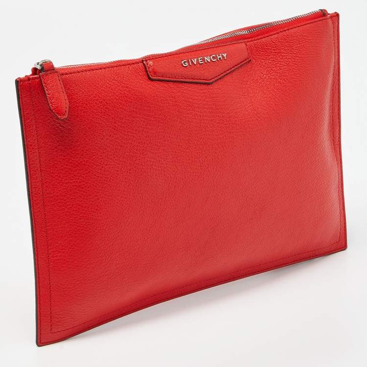 Pre Owned Givenchy Red Leather Antigona Zip Clutch