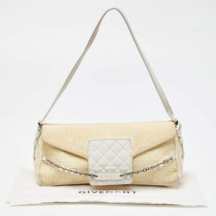 Pre Owned Givenchy Yellow/White Monogram Canvas and Leather Chain Detail Baguette Bag