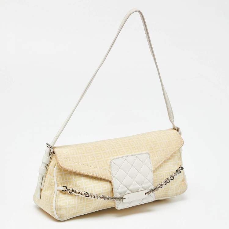Pre Owned Givenchy Yellow/White Monogram Canvas and Leather Chain Detail Baguette Bag