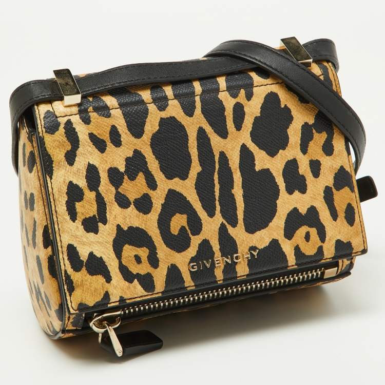 Pre Owned Givenchy Brown/Black Leopard Print Leather Mini Pandora Crossbody Bag