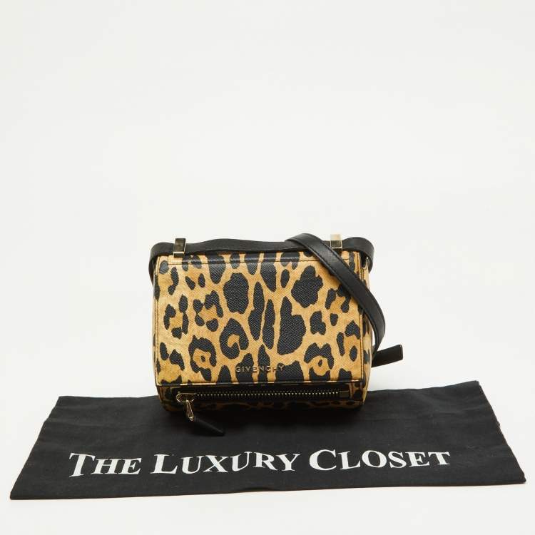 Pre Owned Givenchy Brown/Black Leopard Print Leather Mini Pandora Crossbody Bag