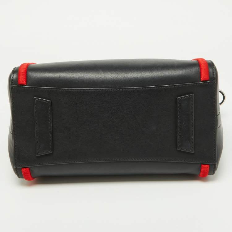 Pre Owned Givenchy Black/Red Leather and Faux Fur Small Embroidered Antigona Satchel