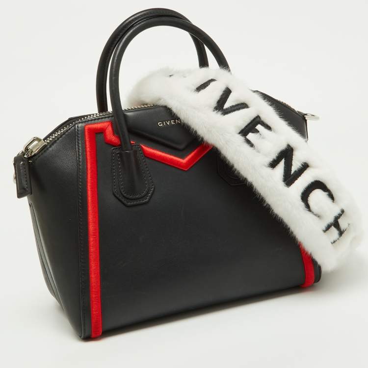 Pre Owned Givenchy Black/Red Leather and Faux Fur Small Embroidered Antigona Satchel