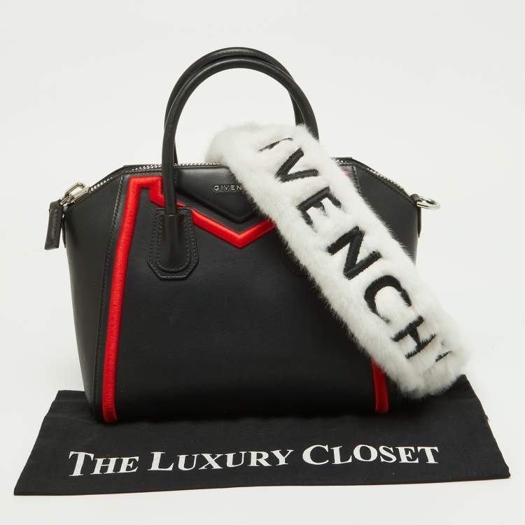 Pre Owned Givenchy Black/Red Leather and Faux Fur Small Embroidered Antigona Satchel