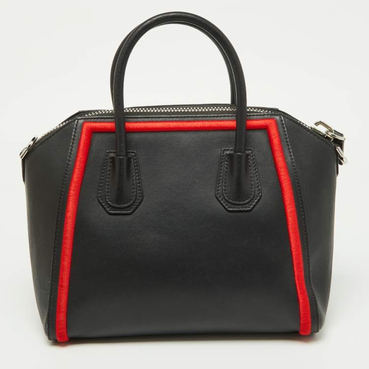 Pre Owned Givenchy Black/Red Leather and Faux Fur Small Embroidered Antigona Satchel