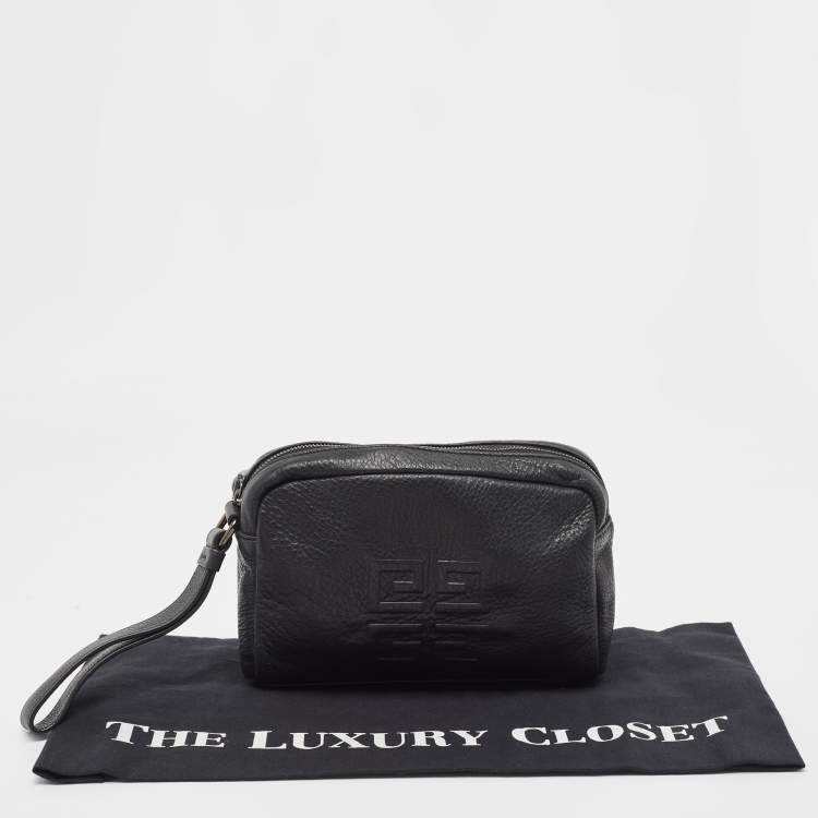 Pre Owned Givenchy Black Leather Logo Embossed Wristlet Pouch