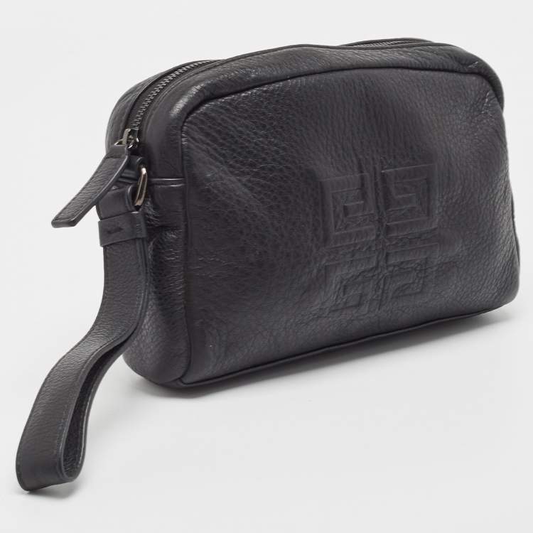 Pre Owned Givenchy Black Leather Logo Embossed Wristlet Pouch
