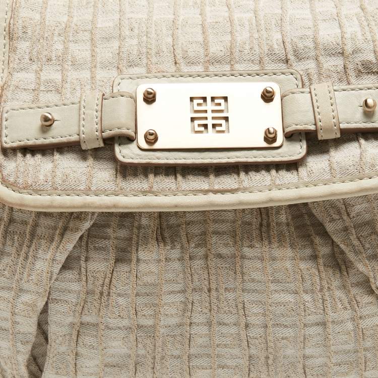 Pre Owned Givenchy Off-White/Gold Monogram Canvas And Leather Flap Hobo
