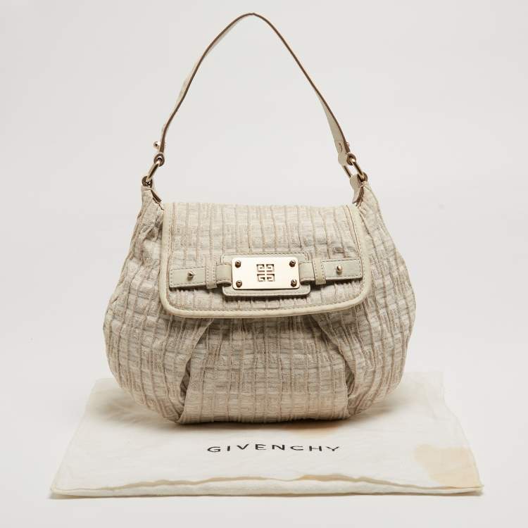 Pre Owned Givenchy Off-White/Gold Monogram Canvas And Leather Flap Hobo