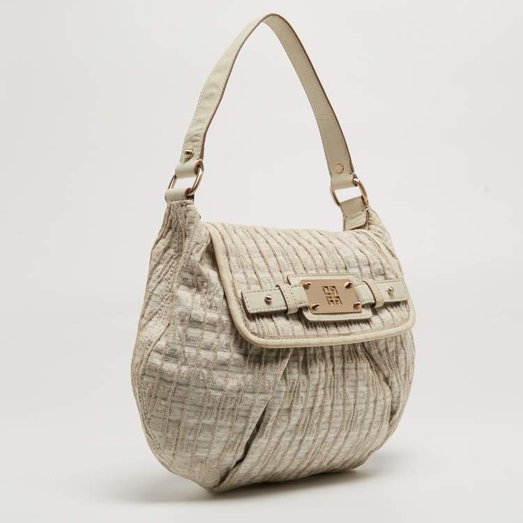Pre Owned Givenchy Off-White/Gold Monogram Canvas And Leather Flap Hobo