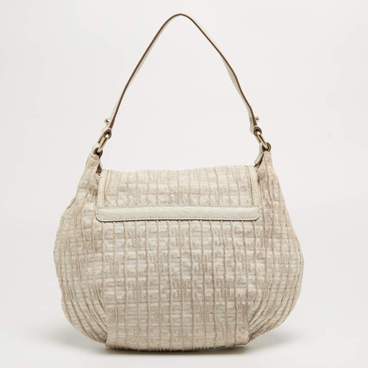 Pre Owned Givenchy Off-White/Gold Monogram Canvas And Leather Flap Hobo