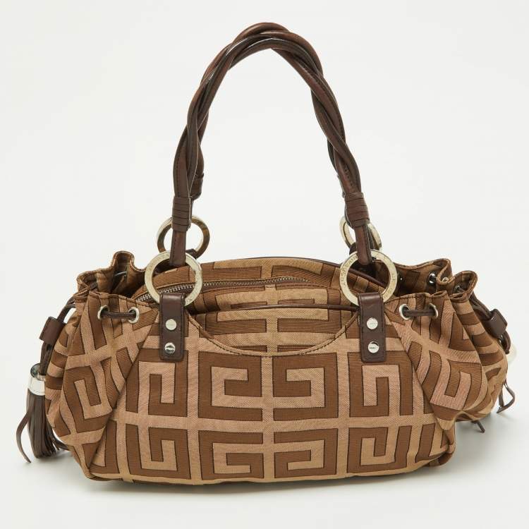 Pre Owned Givenchy Beige/Brown Monogram Canvas and Leather Drawstring Hobo