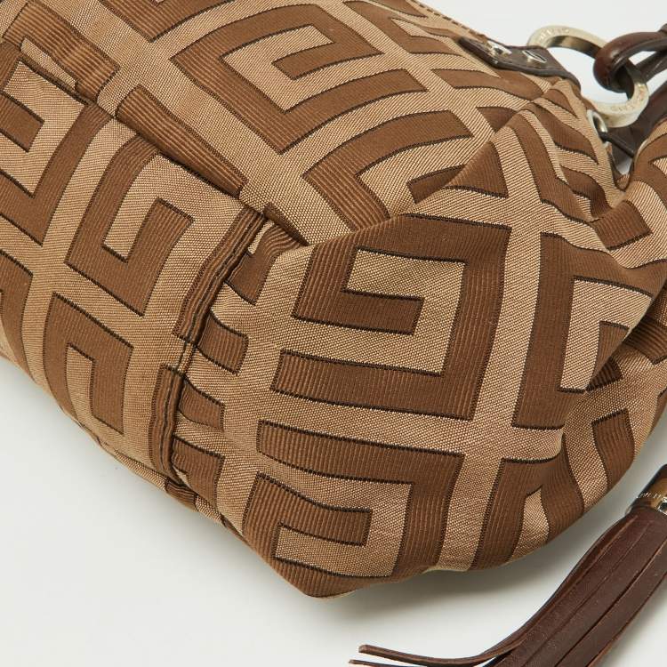 Pre Owned Givenchy Beige/Brown Monogram Canvas and Leather Drawstring Hobo