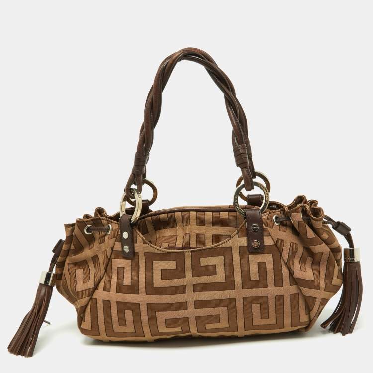 Pre Owned Givenchy Beige/Brown Monogram Canvas and Leather Drawstring Hobo