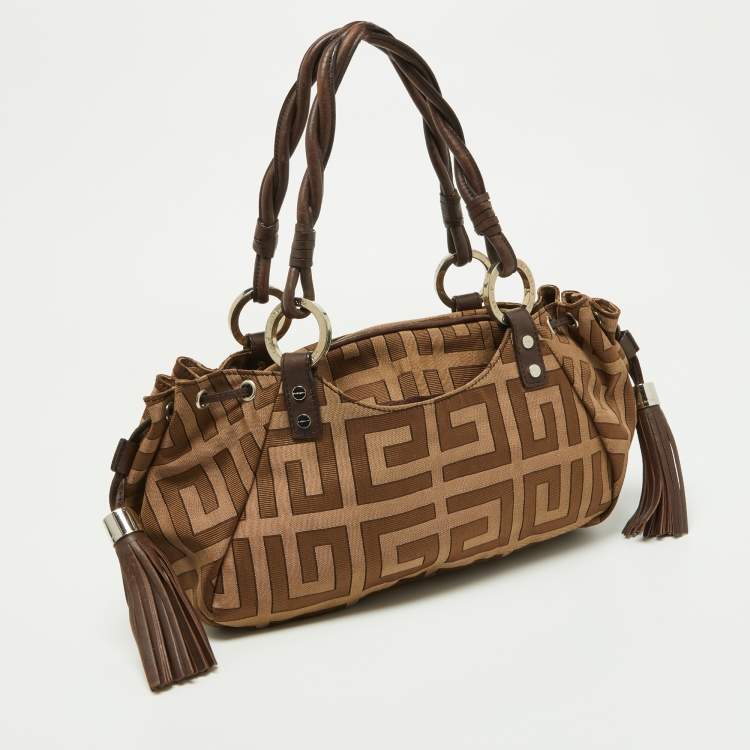 Pre Owned Givenchy Beige/Brown Monogram Canvas and Leather Drawstring Hobo