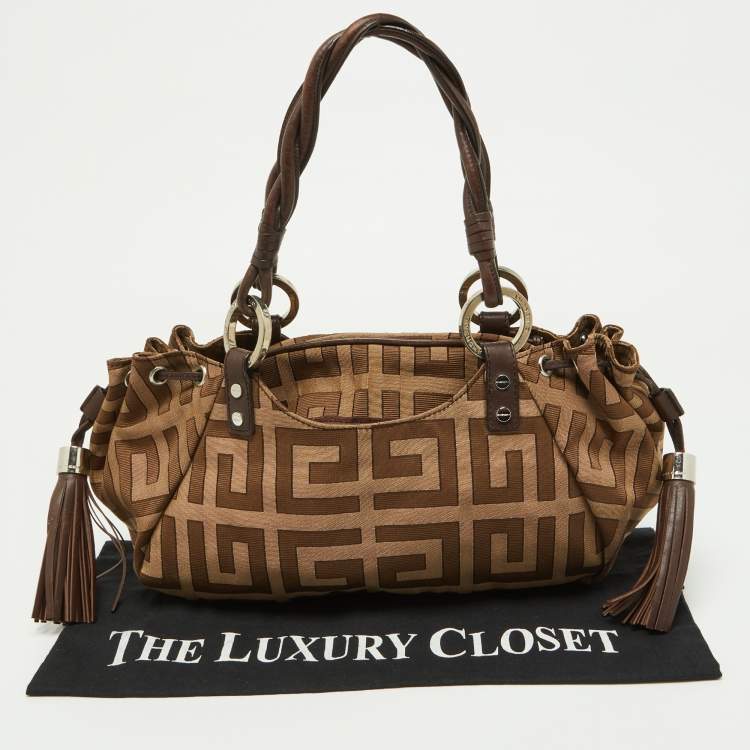 Pre Owned Givenchy Beige/Brown Monogram Canvas and Leather Drawstring Hobo