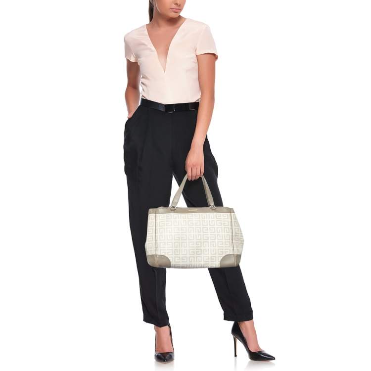 Pre Owned Givenchy Grey/Off White Monogram Coated Canvas and Leather Double Zip Tote