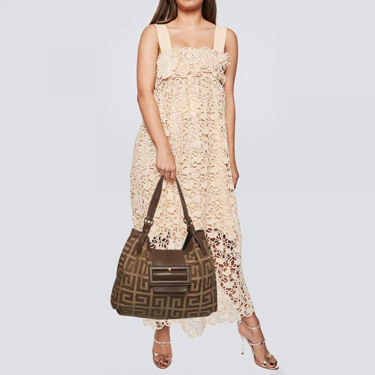 Pre Owned Givenchy Brown/Beige Monogram Canvas and Leather Buckle Flap Hobo