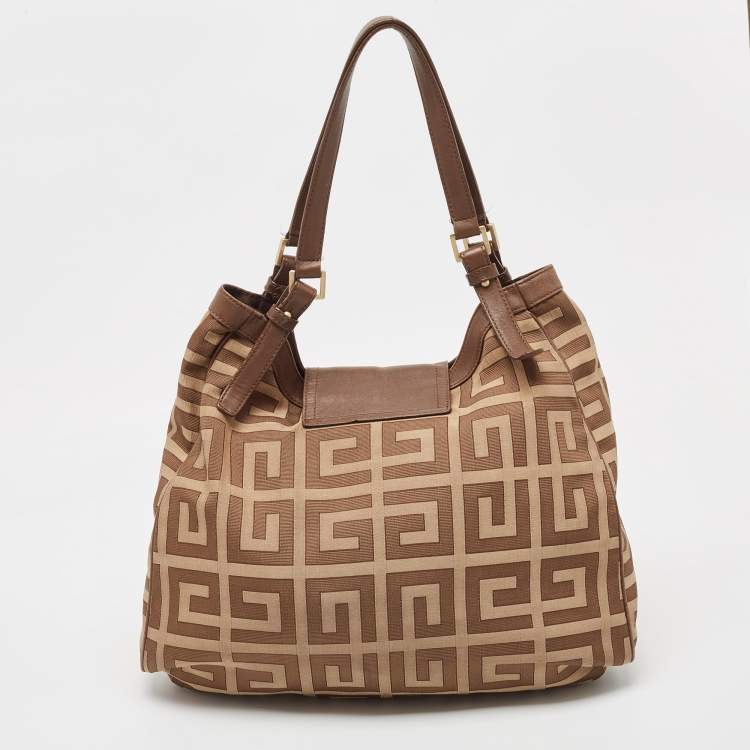 Pre Owned Givenchy Brown/Beige Monogram Canvas and Leather Buckle Flap Hobo
