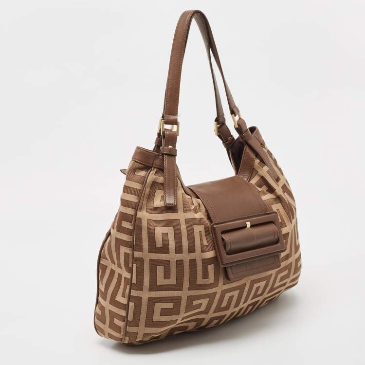 Pre Owned Givenchy Brown/Beige Monogram Canvas and Leather Buckle Flap Hobo