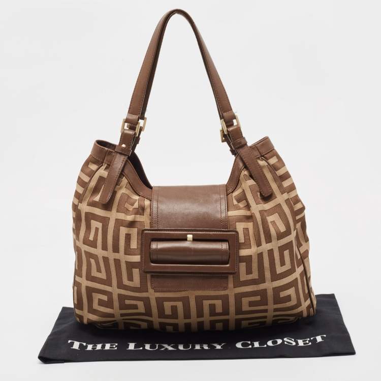 Pre Owned Givenchy Brown/Beige Monogram Canvas and Leather Buckle Flap Hobo