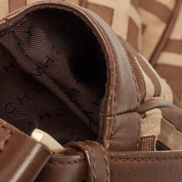Pre Owned Givenchy Brown/Beige Monogram Canvas and Leather Buckle Flap Hobo