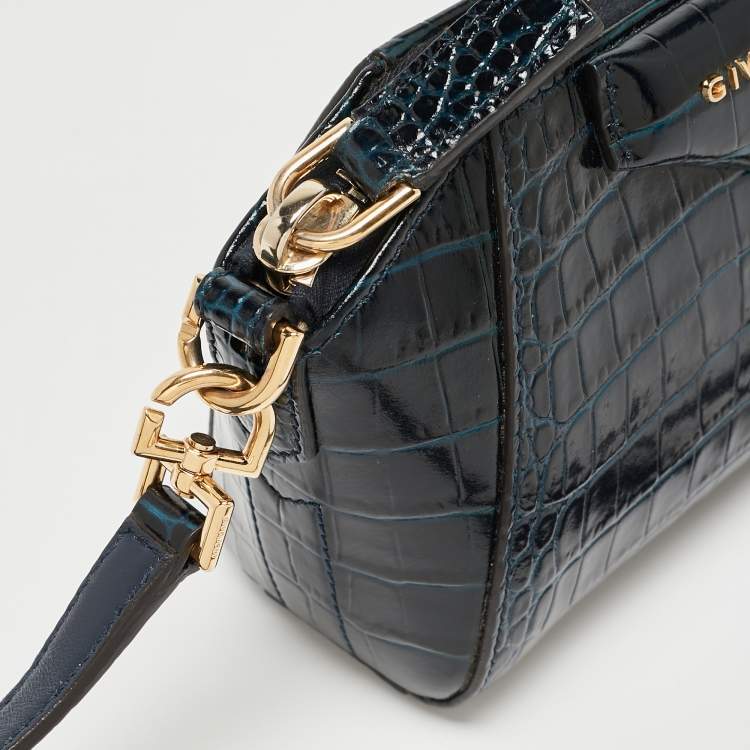 Pre Owned Givenchy Blue Croc Embossed Leather Nano Antigona Crossbody Bag