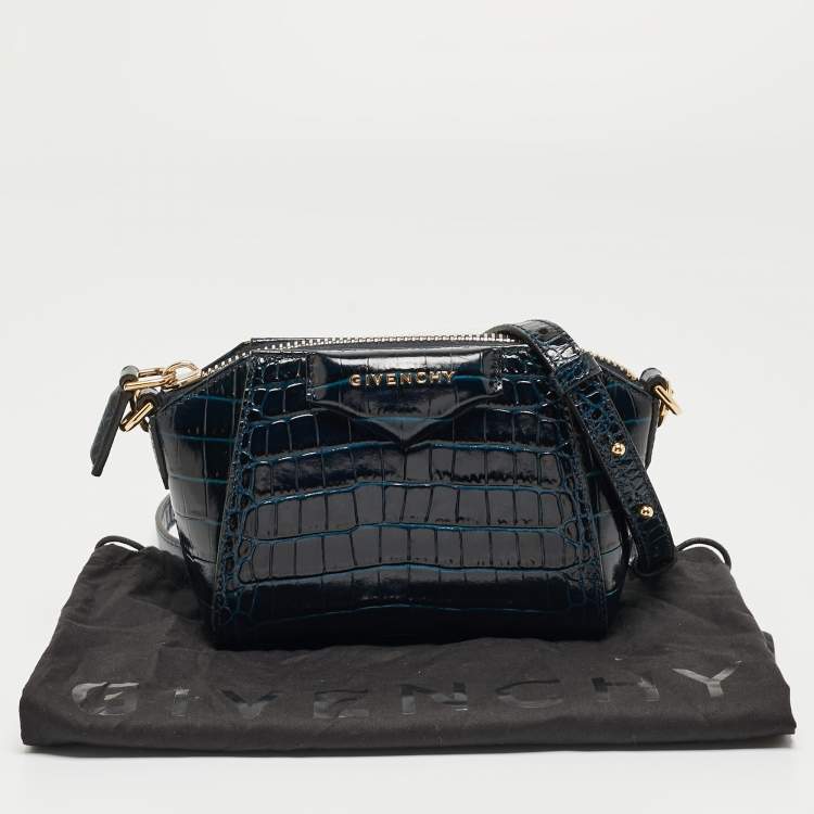 Pre Owned Givenchy Blue Croc Embossed Leather Nano Antigona Crossbody Bag