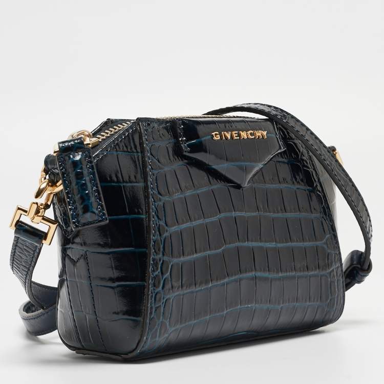Pre Owned Givenchy Blue Croc Embossed Leather Nano Antigona Crossbody Bag