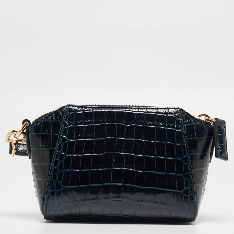 Pre Owned Givenchy Blue Croc Embossed Leather Nano Antigona Crossbody Bag