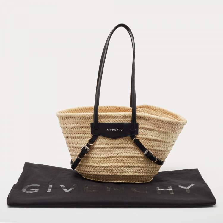 Pre Owned Givenchy Black/Natural Raffia and Leather Small Voyou Basket Bag