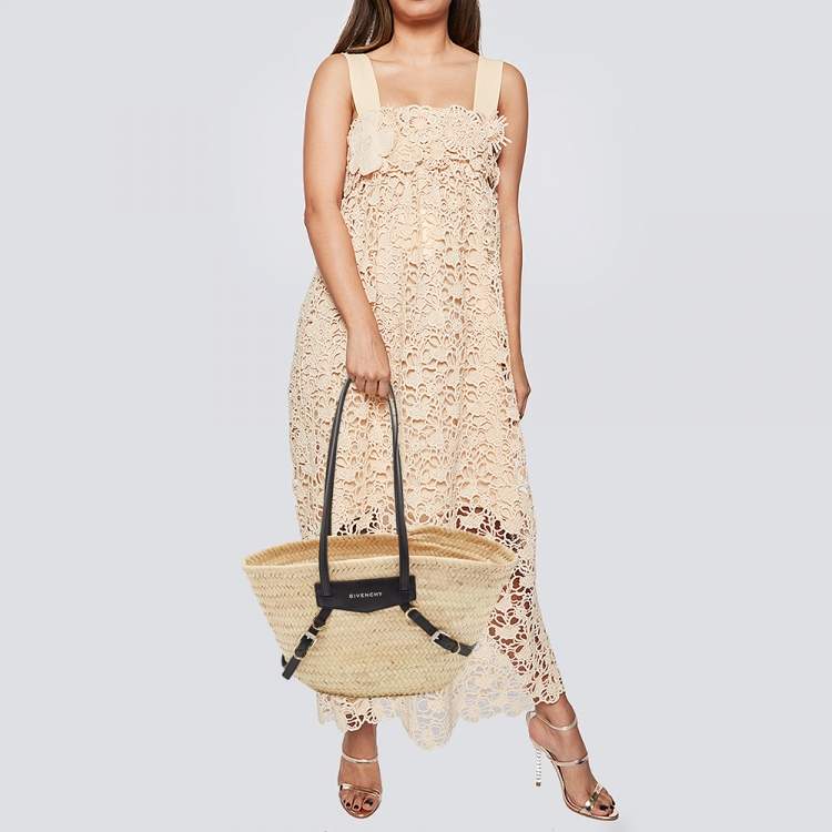 Pre Owned Givenchy Black/Natural Raffia and Leather Small Voyou Basket Bag