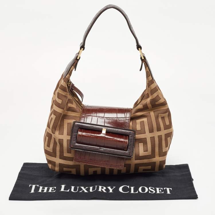 Pre Owned Givenchy Beige/Brown Signature Canvas and Croc Embossed Leather Hobo