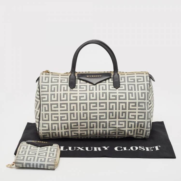 Pre Owned Givenchy Black/White Monogram Coated Canvas and Leather Boston Bag w/Wallet