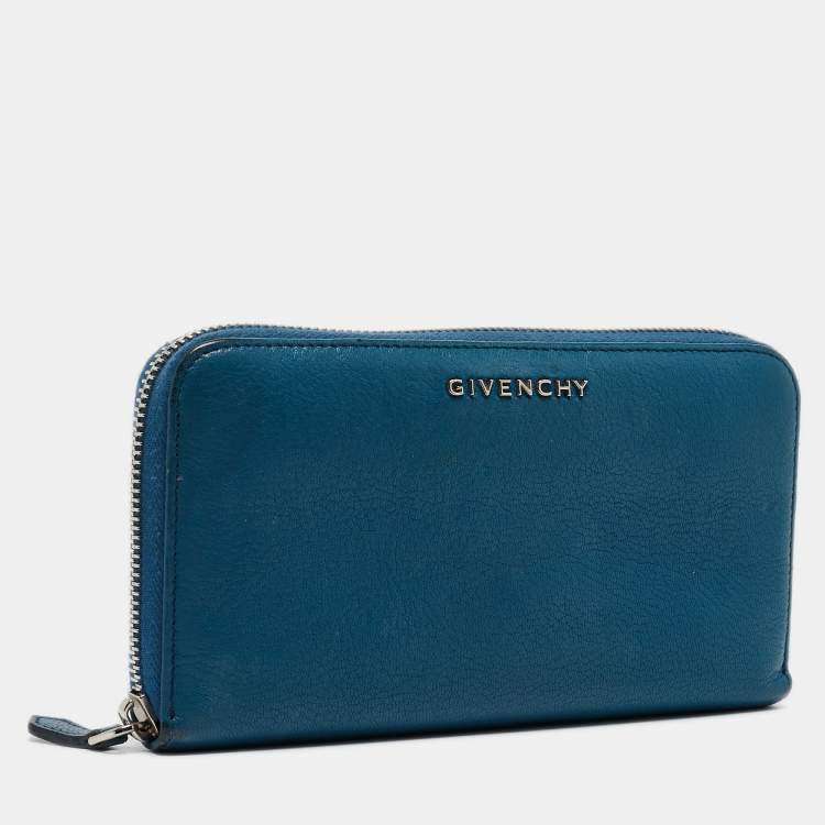 Pre Owned Givenchy Blue Leather Logo Zip Around Continental Wallet