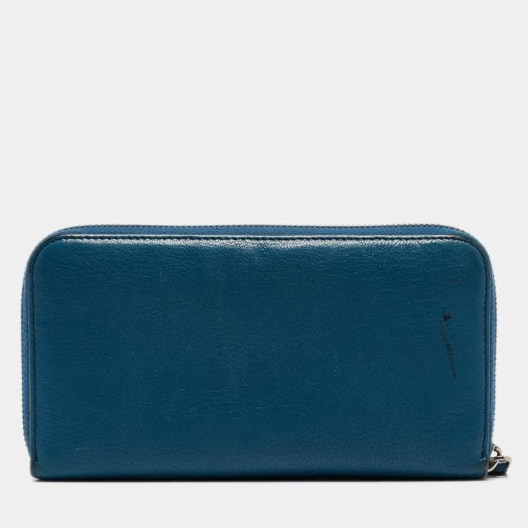 Pre Owned Givenchy Blue Leather Logo Zip Around Continental Wallet
