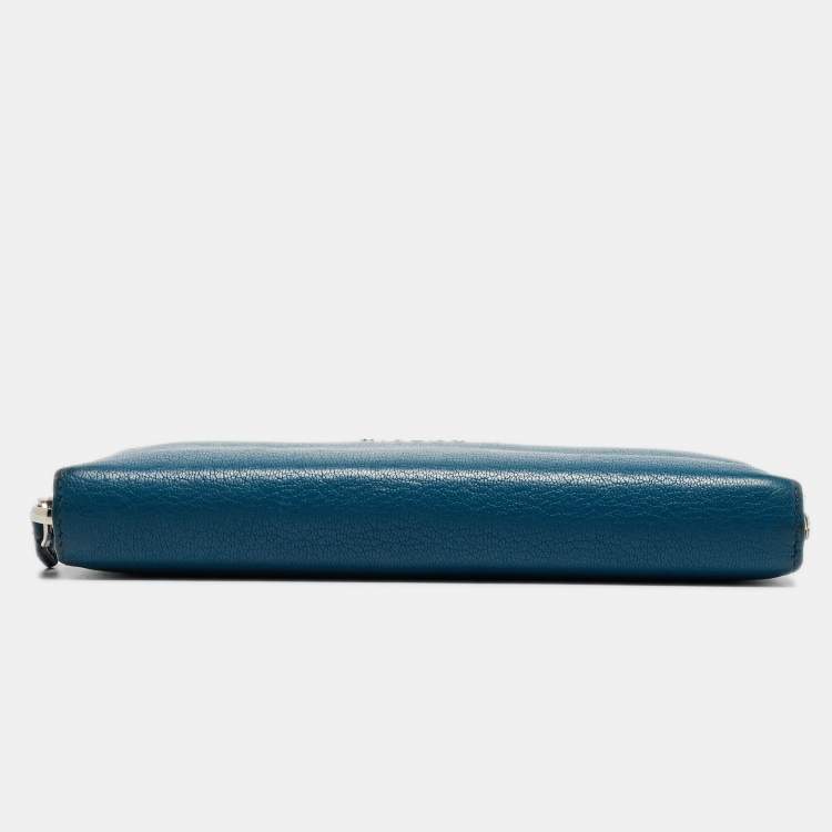 Pre Owned Givenchy Blue Leather Logo Zip Around Continental Wallet