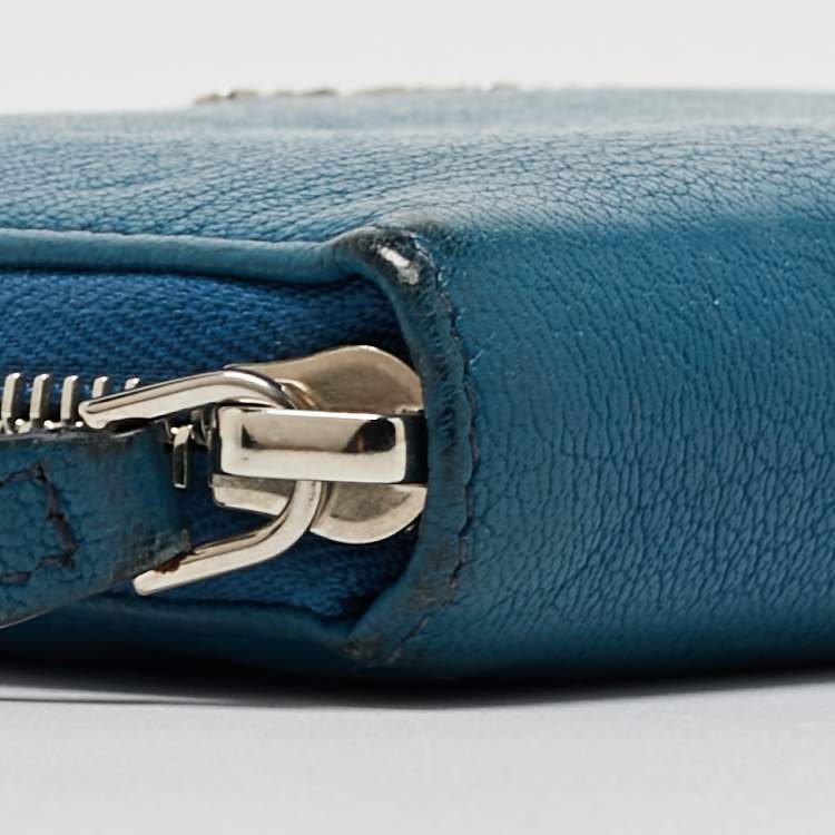 Pre Owned Givenchy Blue Leather Logo Zip Around Continental Wallet