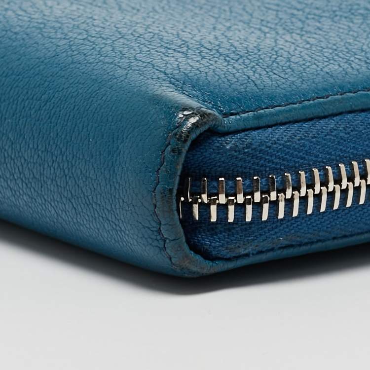 Pre Owned Givenchy Blue Leather Logo Zip Around Continental Wallet