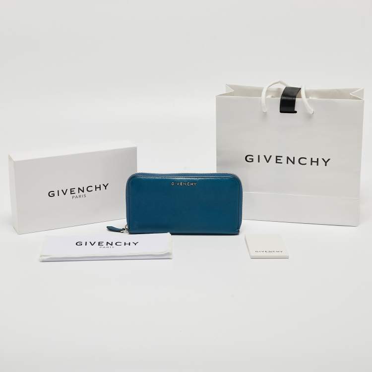 Pre Owned Givenchy Blue Leather Logo Zip Around Continental Wallet