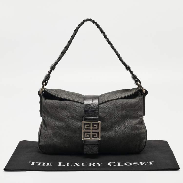 Pre Owned Givenchy Grey/Black Denim and Croc Embossed Leather Shoulder Bag