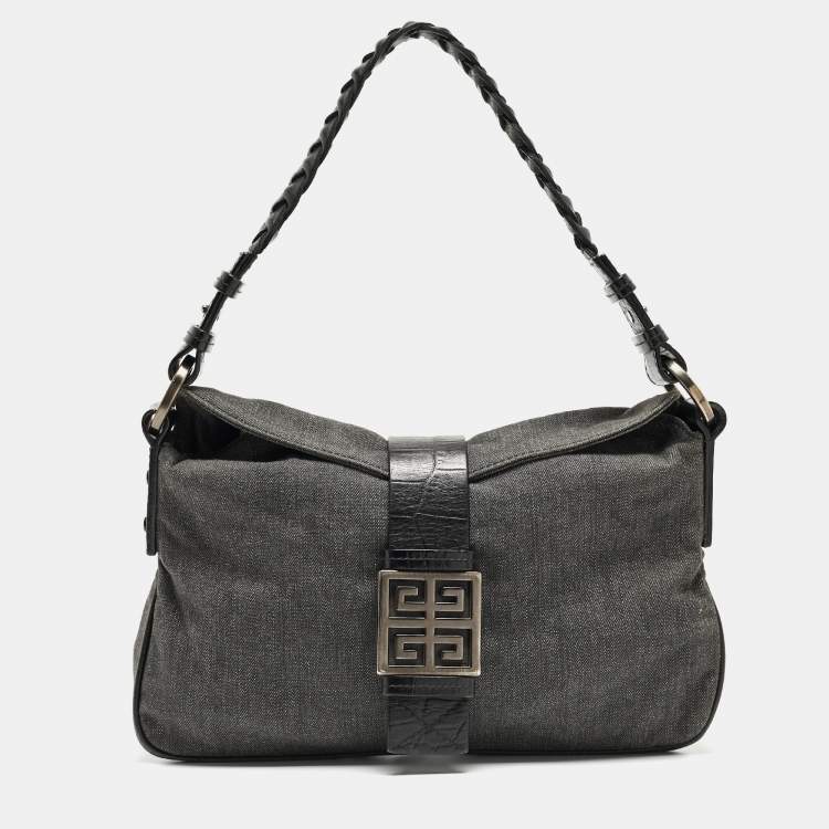 Pre Owned Givenchy Grey/Black Denim and Croc Embossed Leather Shoulder Bag