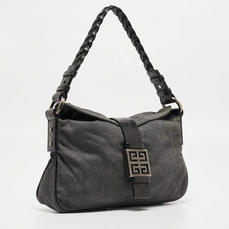 Pre Owned Givenchy Grey/Black Denim and Croc Embossed Leather Shoulder Bag